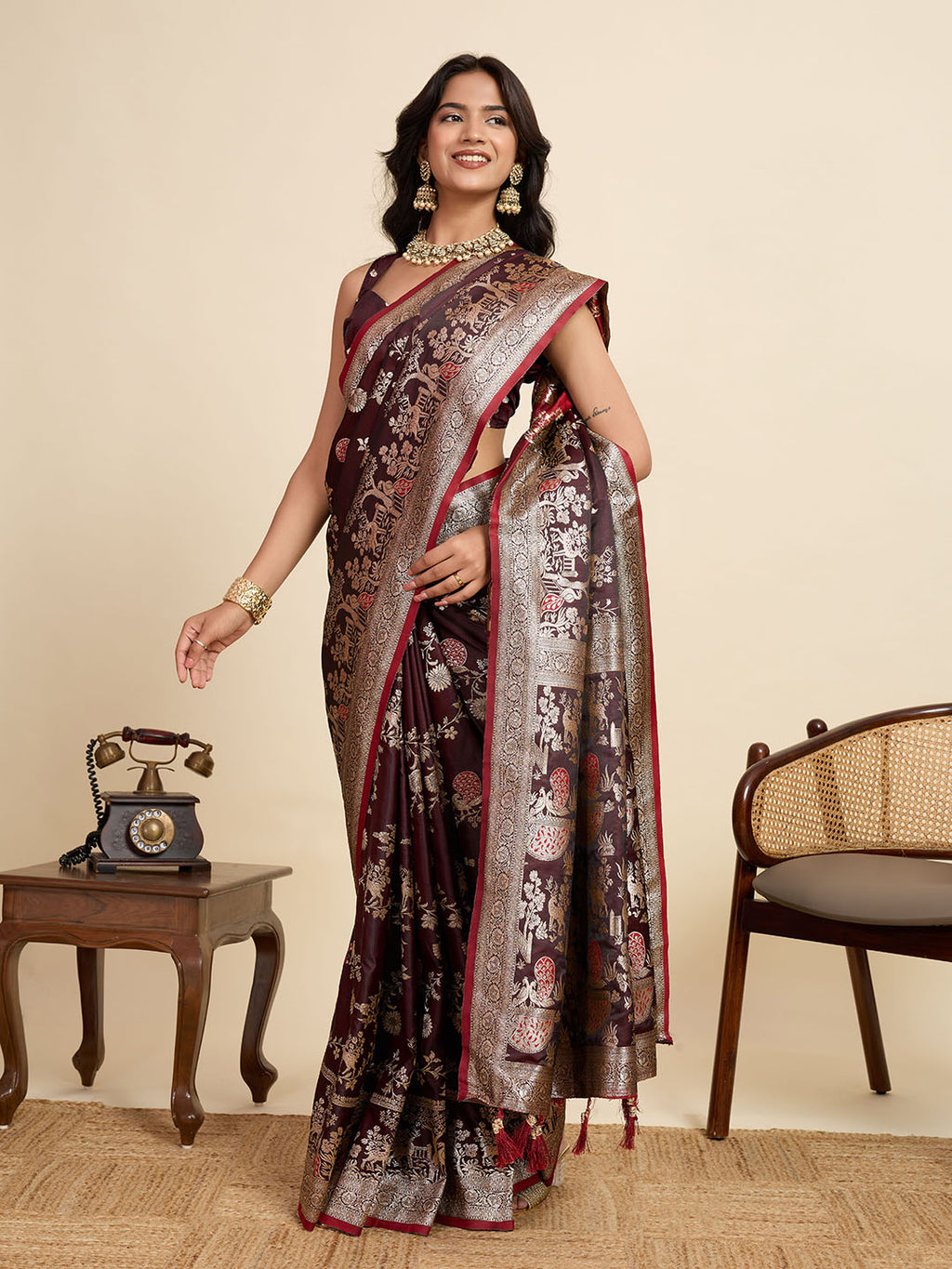 Royal Purple Linen Party Wear Saree | Woven Border & Digital Print Design
