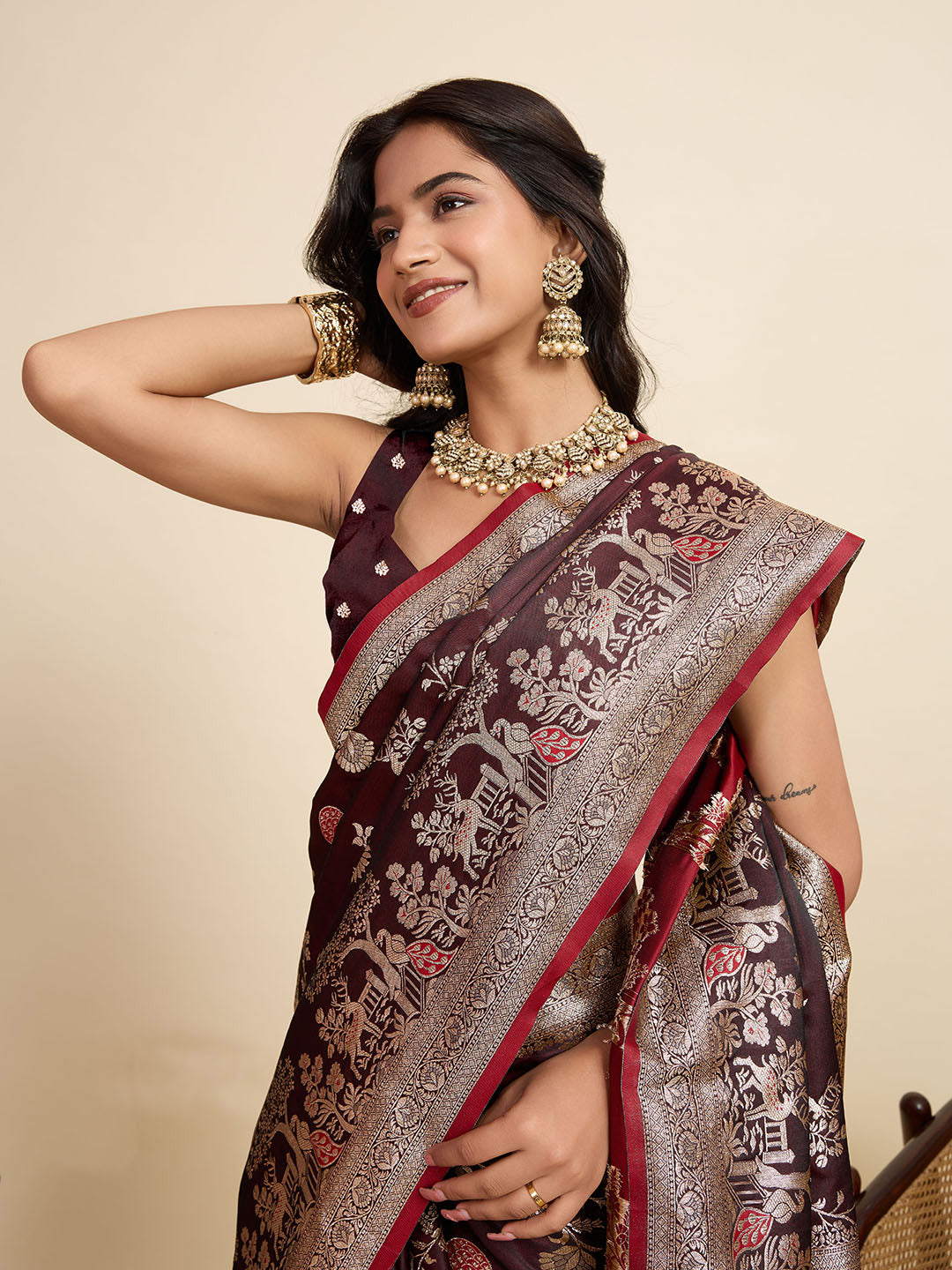 Royal Purple Linen Party Wear Saree | Woven Border & Digital Print Design