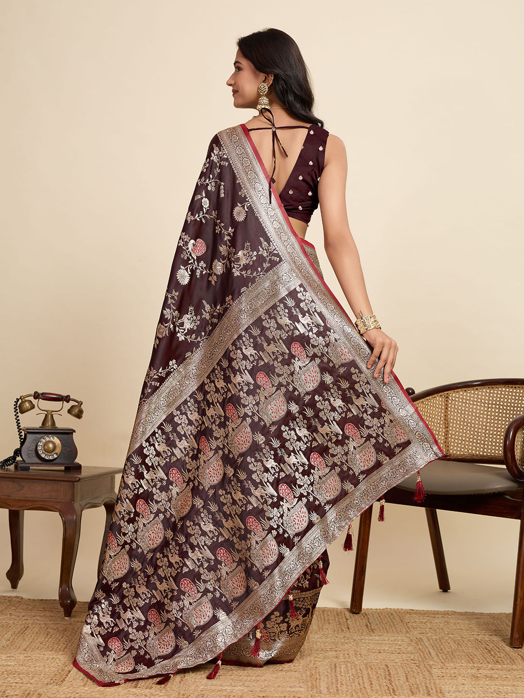 Royal Purple Linen Party Wear Saree | Woven Border & Digital Print Design