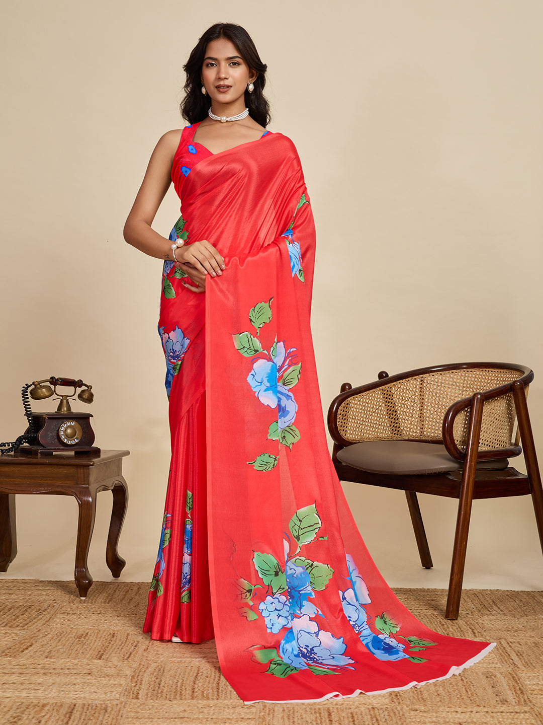Radiant Red Chinon Printed Party Wear Saree | Designer Printed Elegance