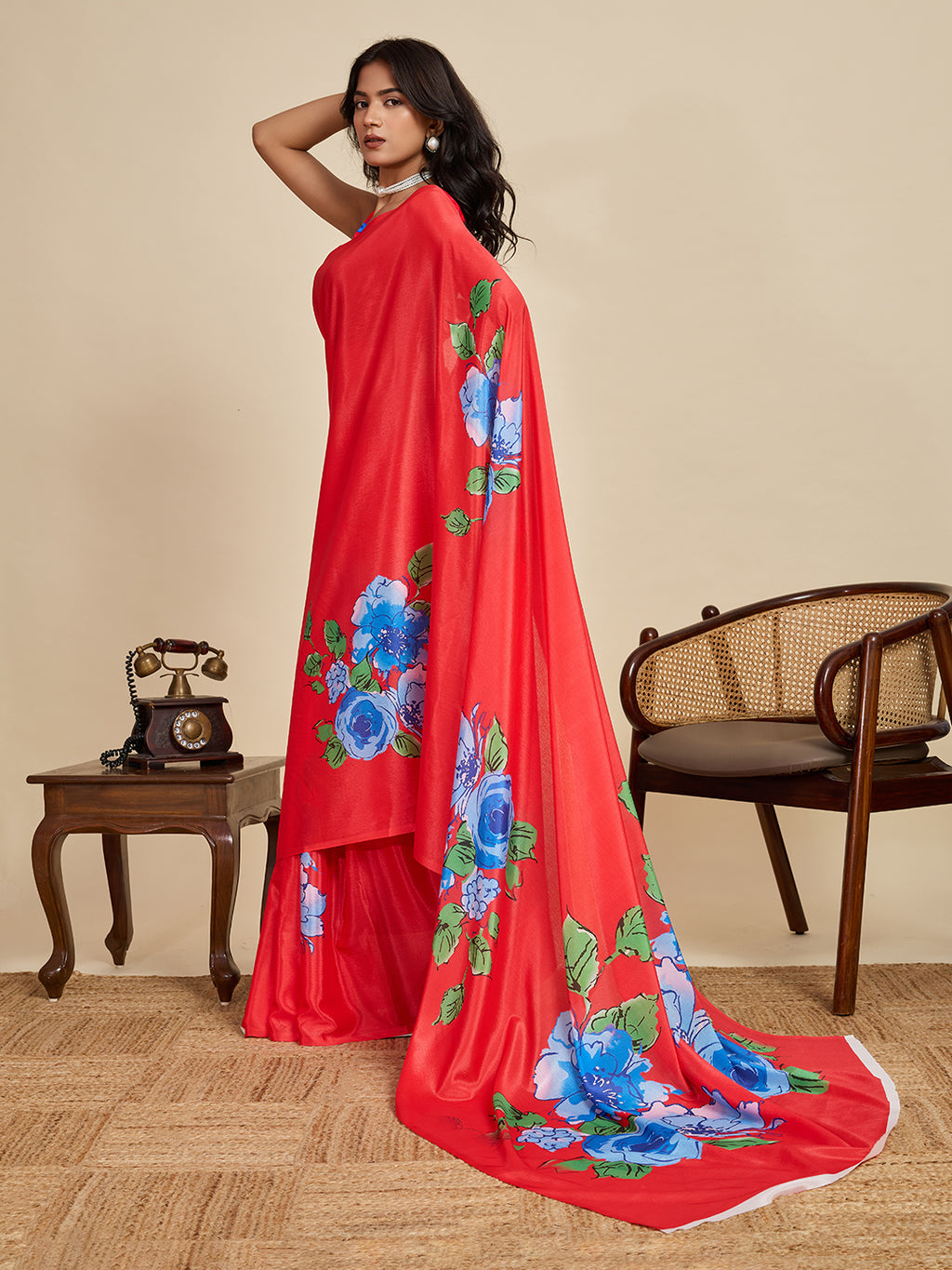 Radiant Red Chinon Printed Party Wear Saree | Designer Printed Elegance