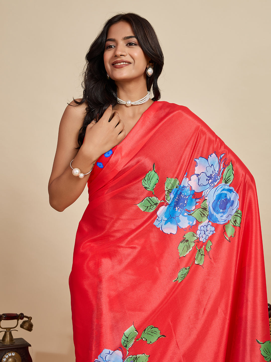 Radiant Red Chinon Printed Party Wear Saree | Designer Printed Elegance