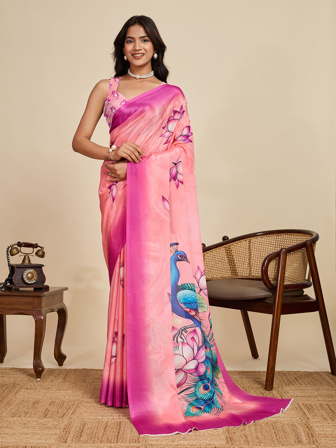 Delicate Peach Chinon Printed Party Wear Saree | Designer Printed Elegance