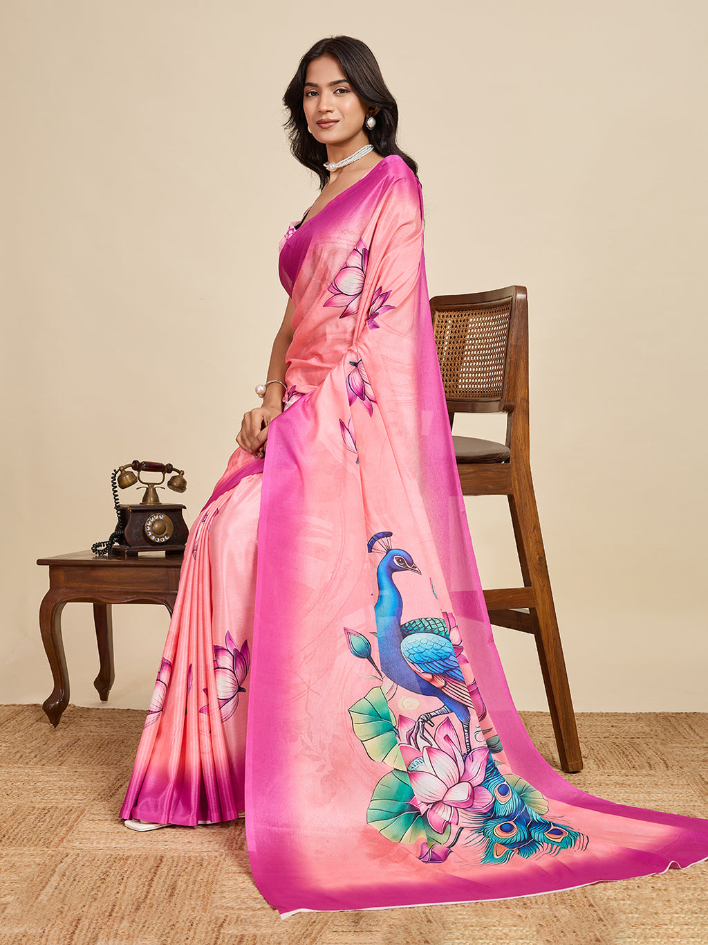 Delicate Peach Chinon Printed Party Wear Saree | Designer Printed Elegance
