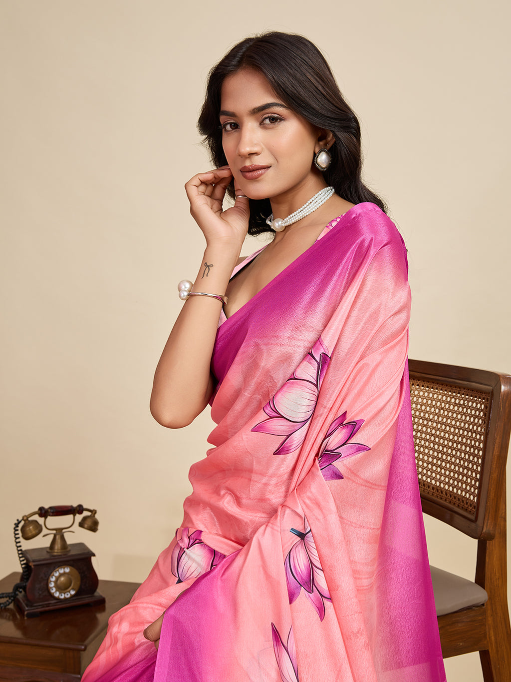 Delicate Peach Chinon Printed Party Wear Saree | Designer Printed Elegance