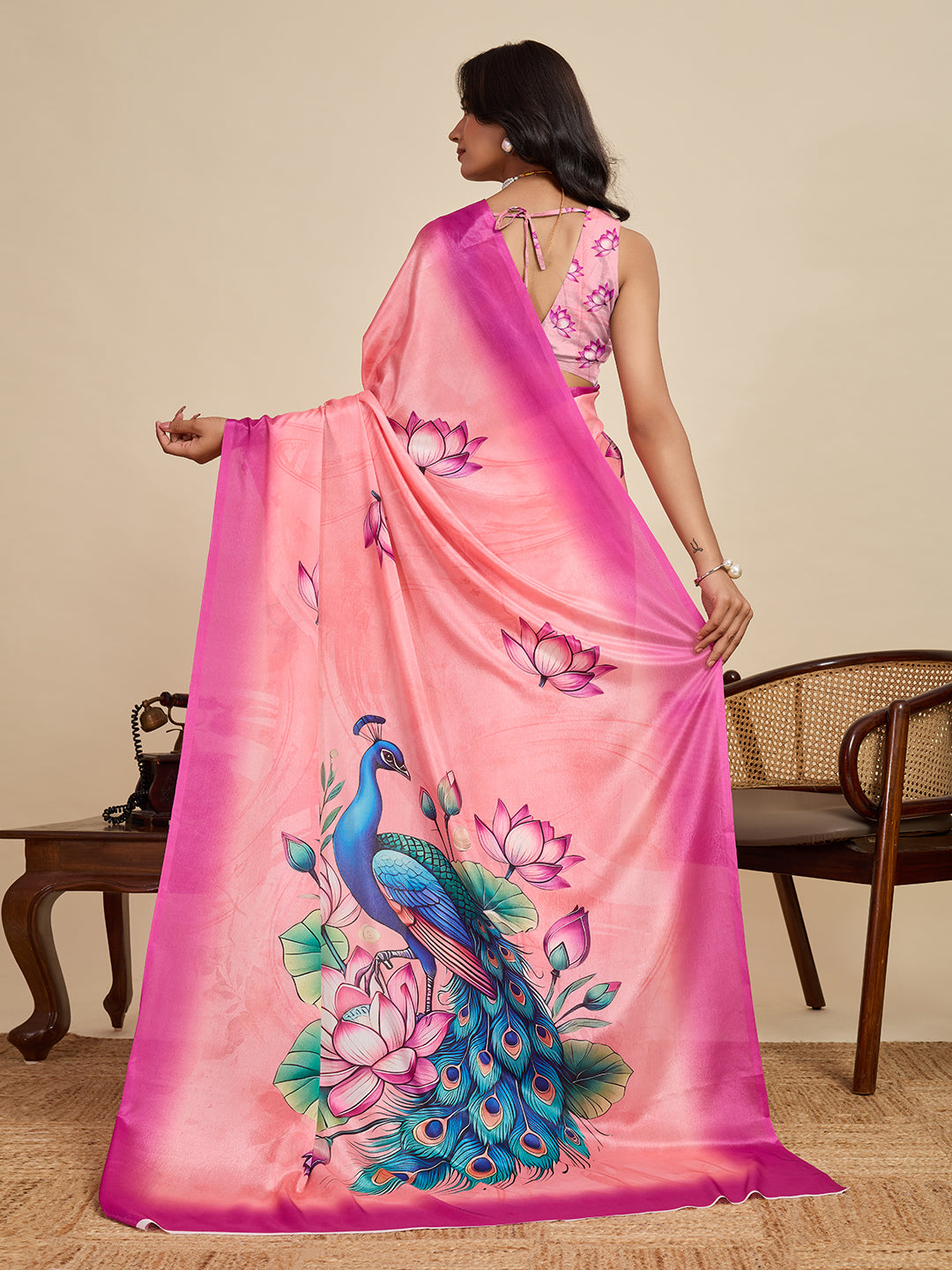 Delicate Peach Chinon Printed Party Wear Saree | Designer Printed Elegance