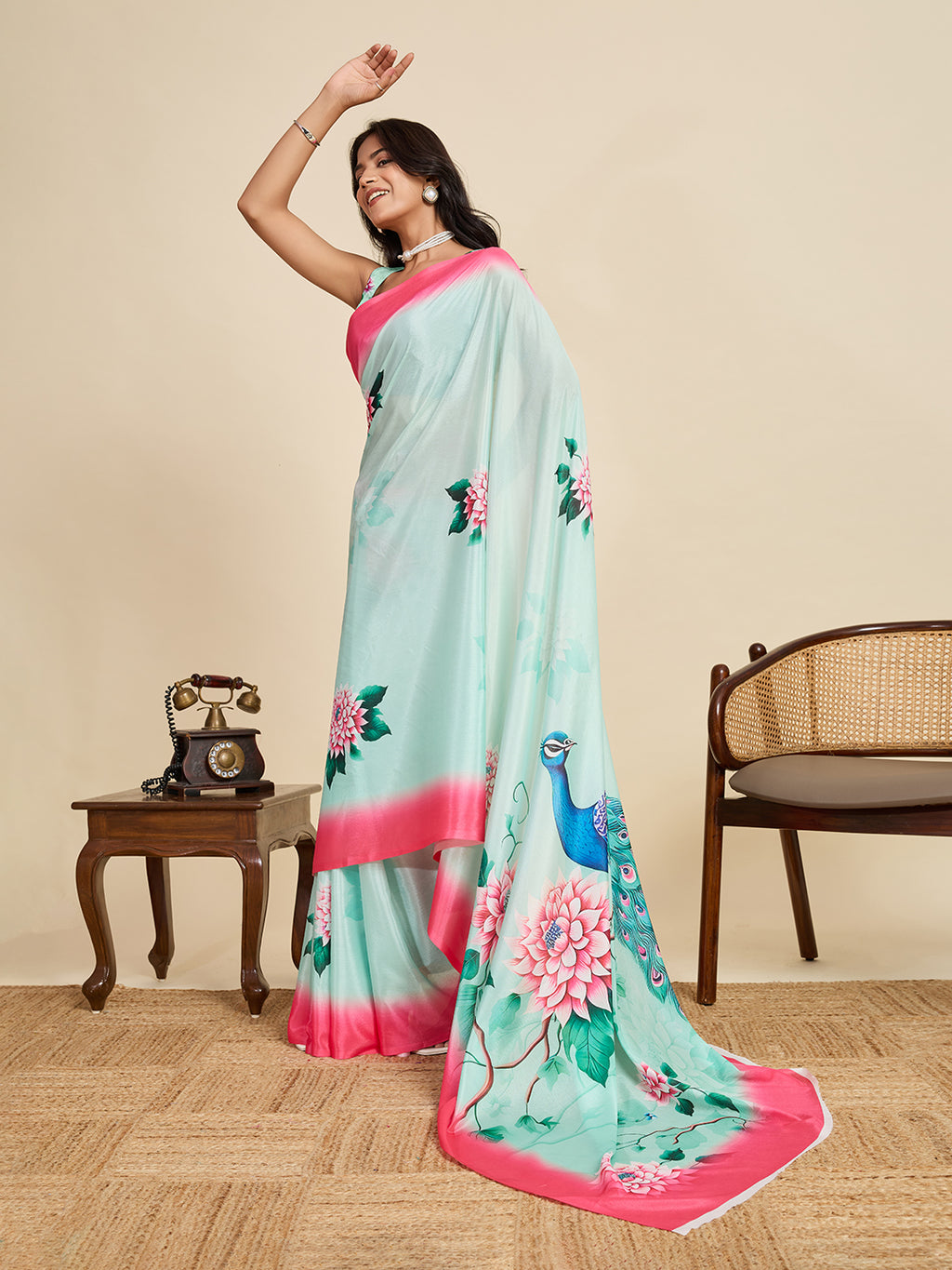Serene Sky Blue Chinon Printed Party Wear Saree | Designer Printed Elegance