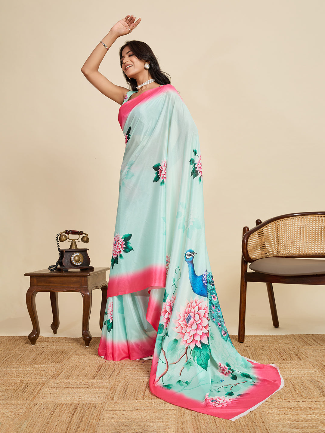 Serene Sky Blue Chinon Printed Party Wear Saree | Designer Printed Elegance