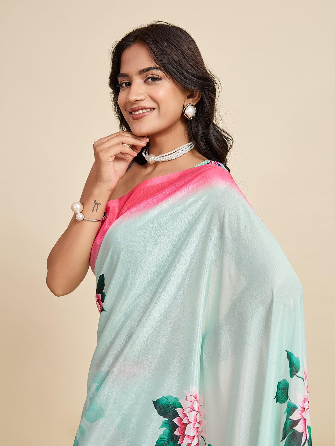 Serene Sky Blue Chinon Printed Party Wear Saree | Designer Printed Elegance