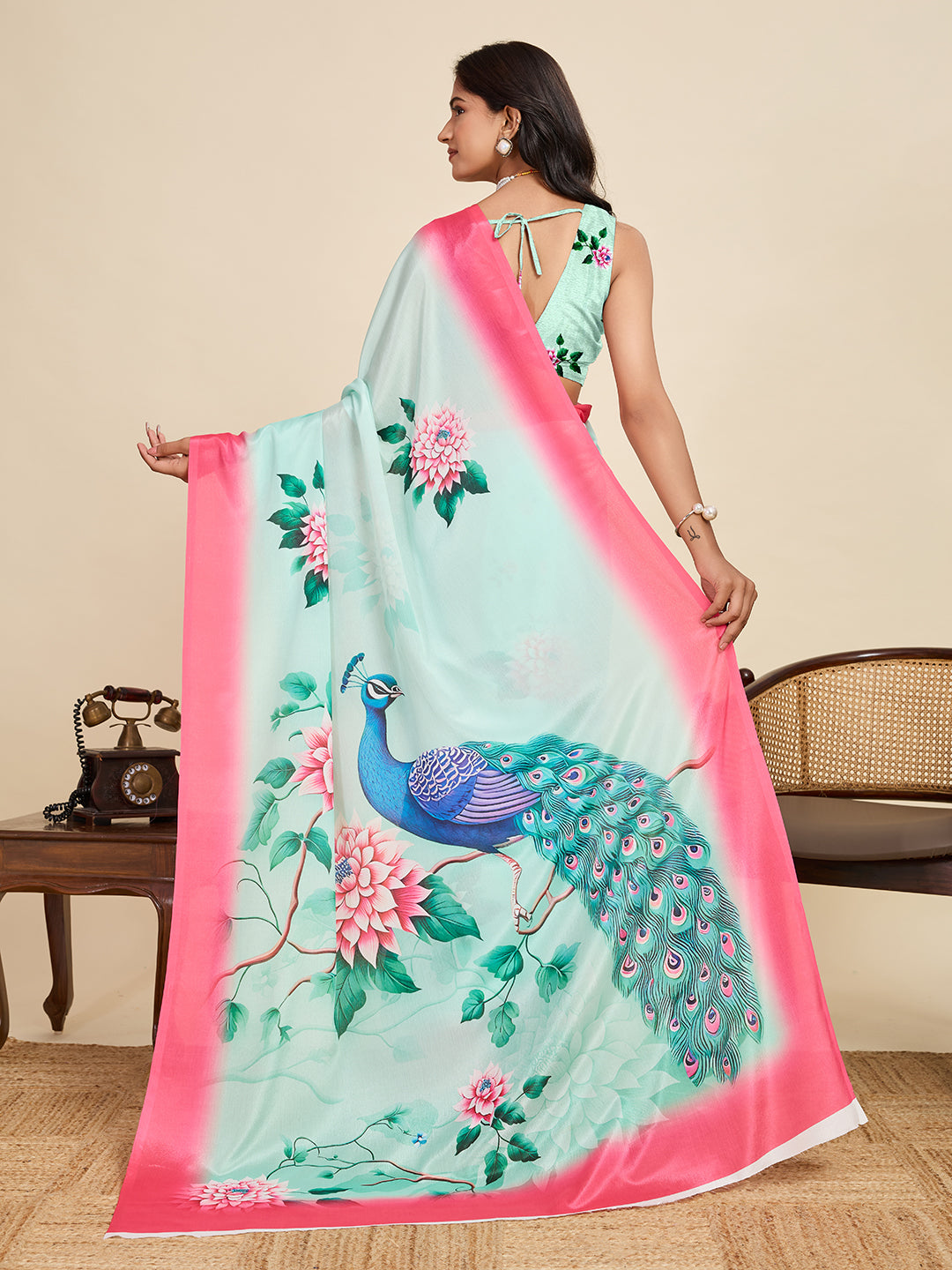 Serene Sky Blue Chinon Printed Party Wear Saree | Designer Printed Elegance