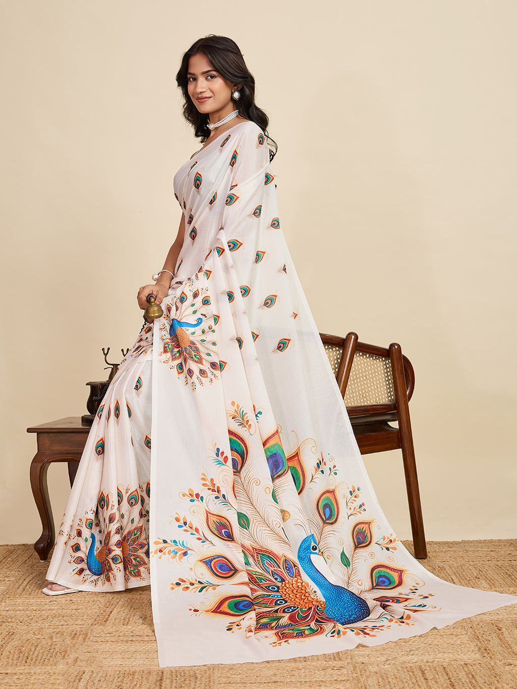 Elegant Off White Chinon Printed Party Wear Saree | Designer Printed Elegance