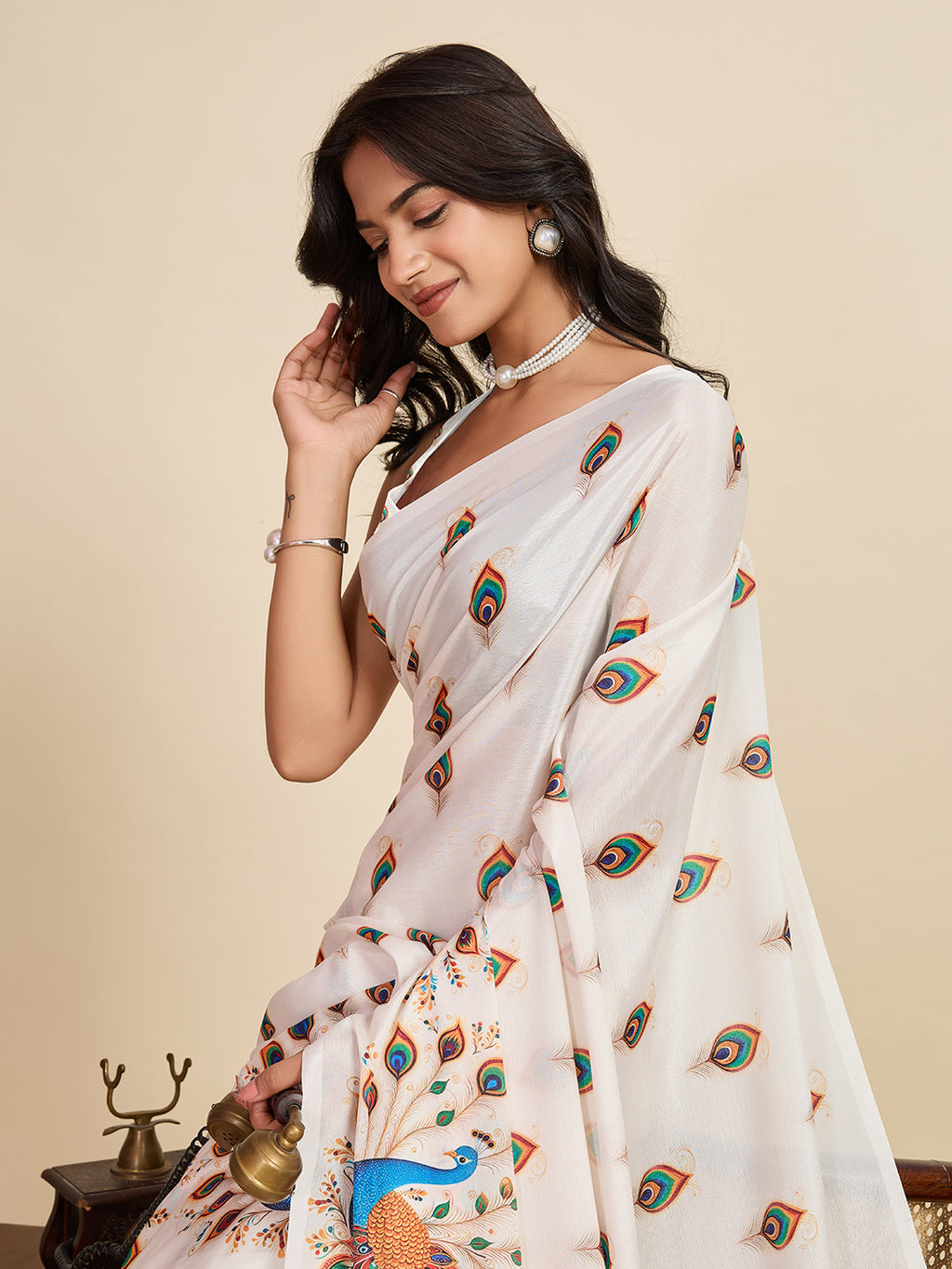 Elegant Off White Chinon Printed Party Wear Saree | Designer Printed Elegance