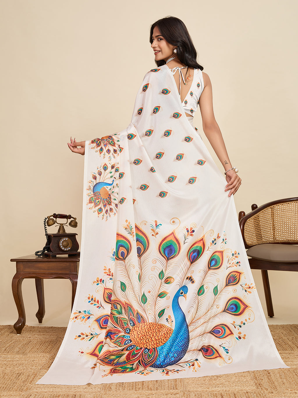 Elegant Off White Chinon Printed Party Wear Saree | Designer Printed Elegance