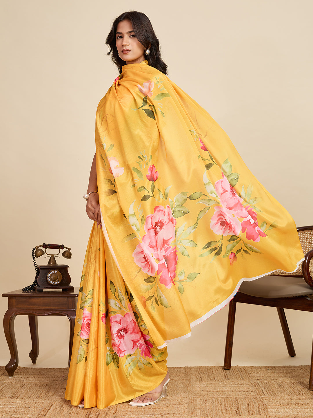 Sunny Yellow Chinon Printed Party Wear Saree | Designer Printed Elegance