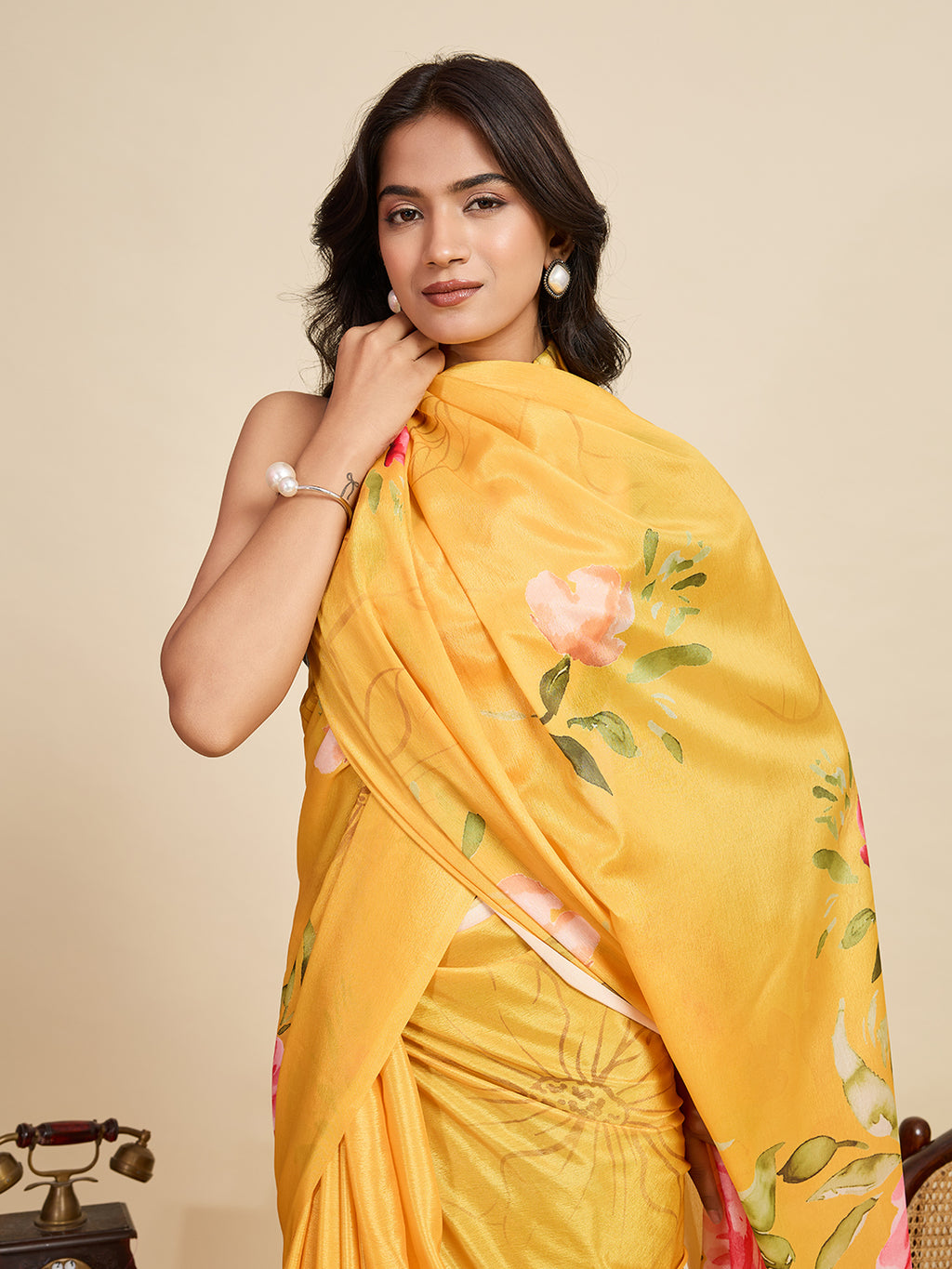 Sunny Yellow Chinon Printed Party Wear Saree | Designer Printed Elegance