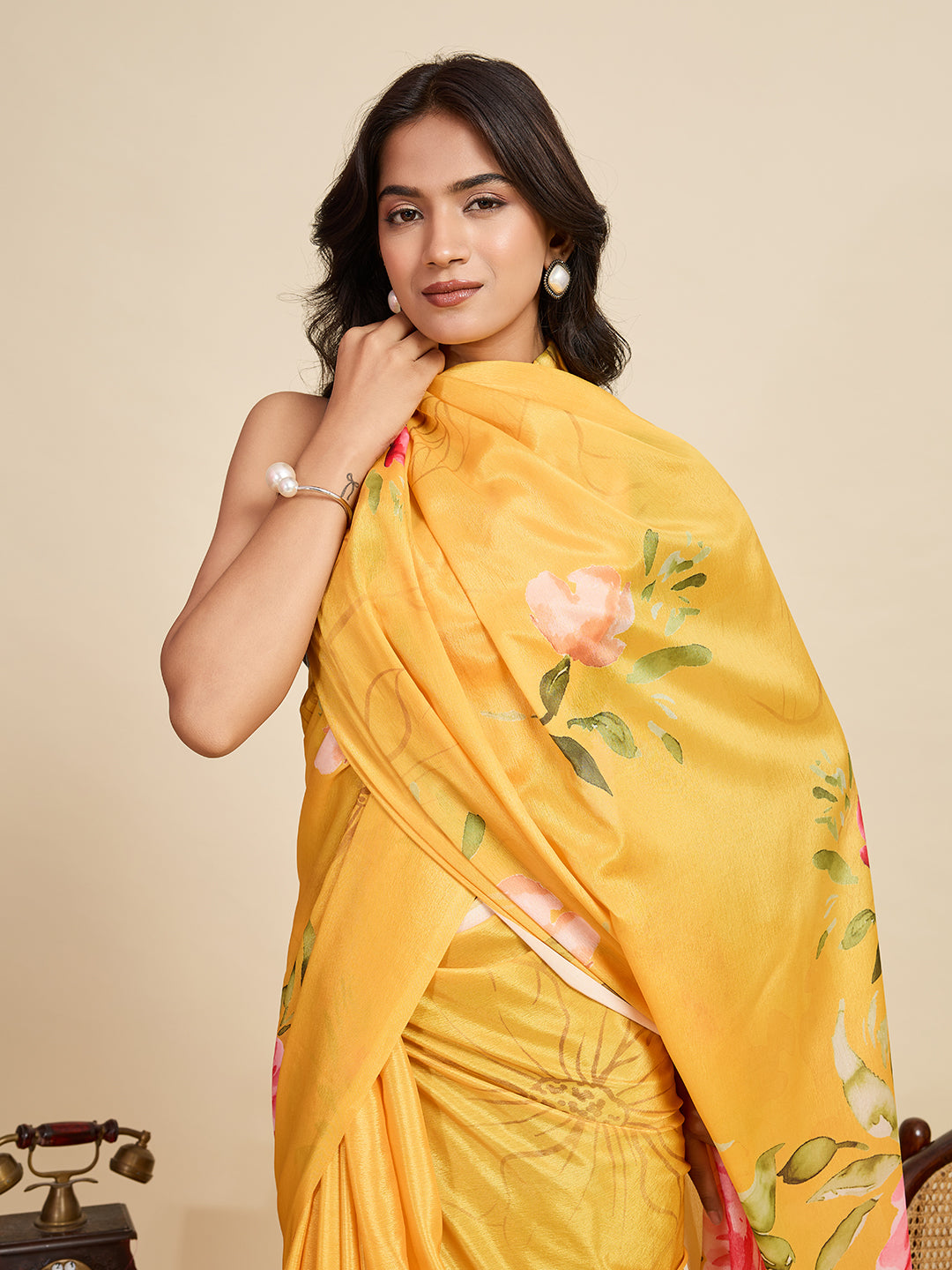Sunny Yellow Chinon Printed Party Wear Saree | Designer Printed Elegance
