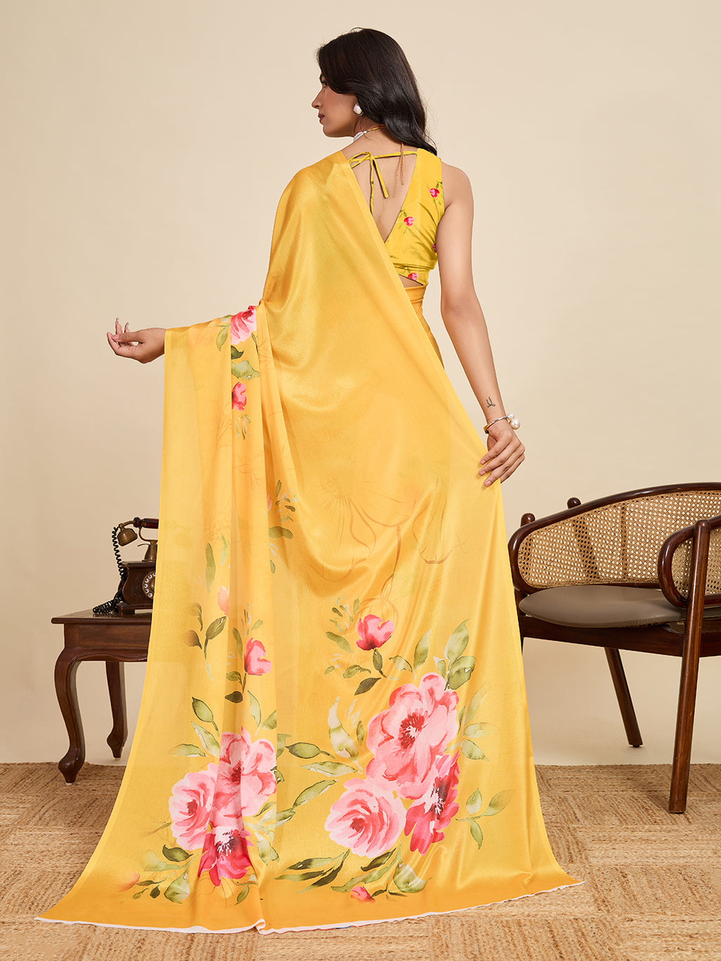 Sunny Yellow Chinon Printed Party Wear Saree | Designer Printed Elegance