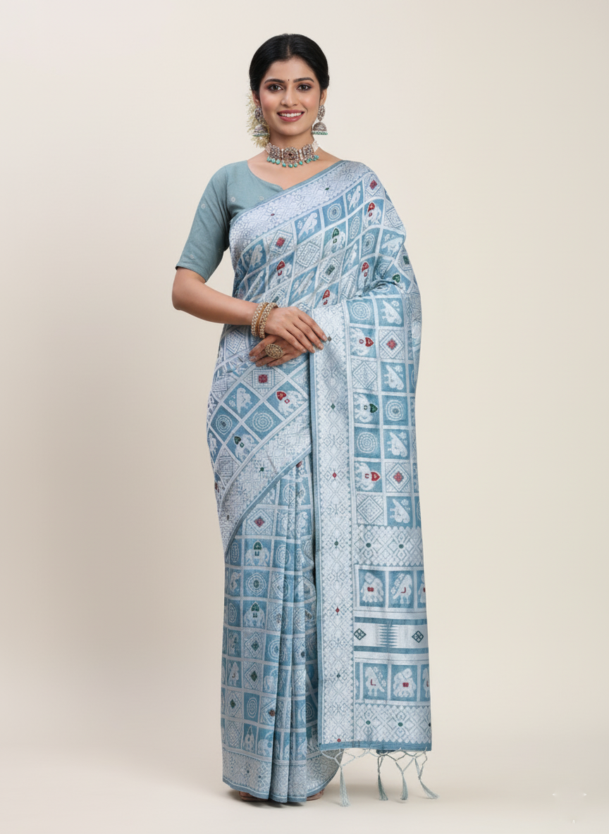 Sky Blue Linen Cotton Saree | Woven Designer Festive & Party Wear Ensemble