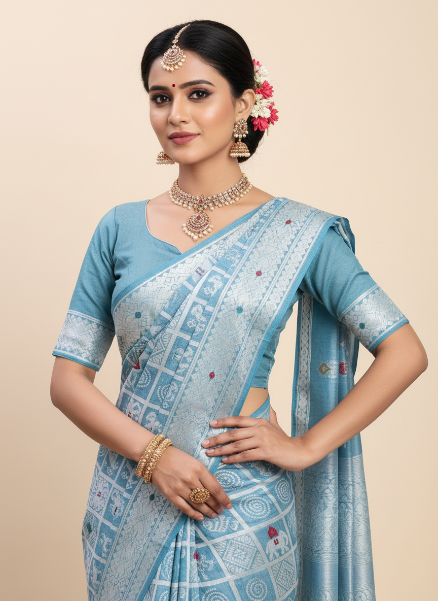 Sky Blue Linen Cotton Saree | Woven Designer Festive & Party Wear Ensemble