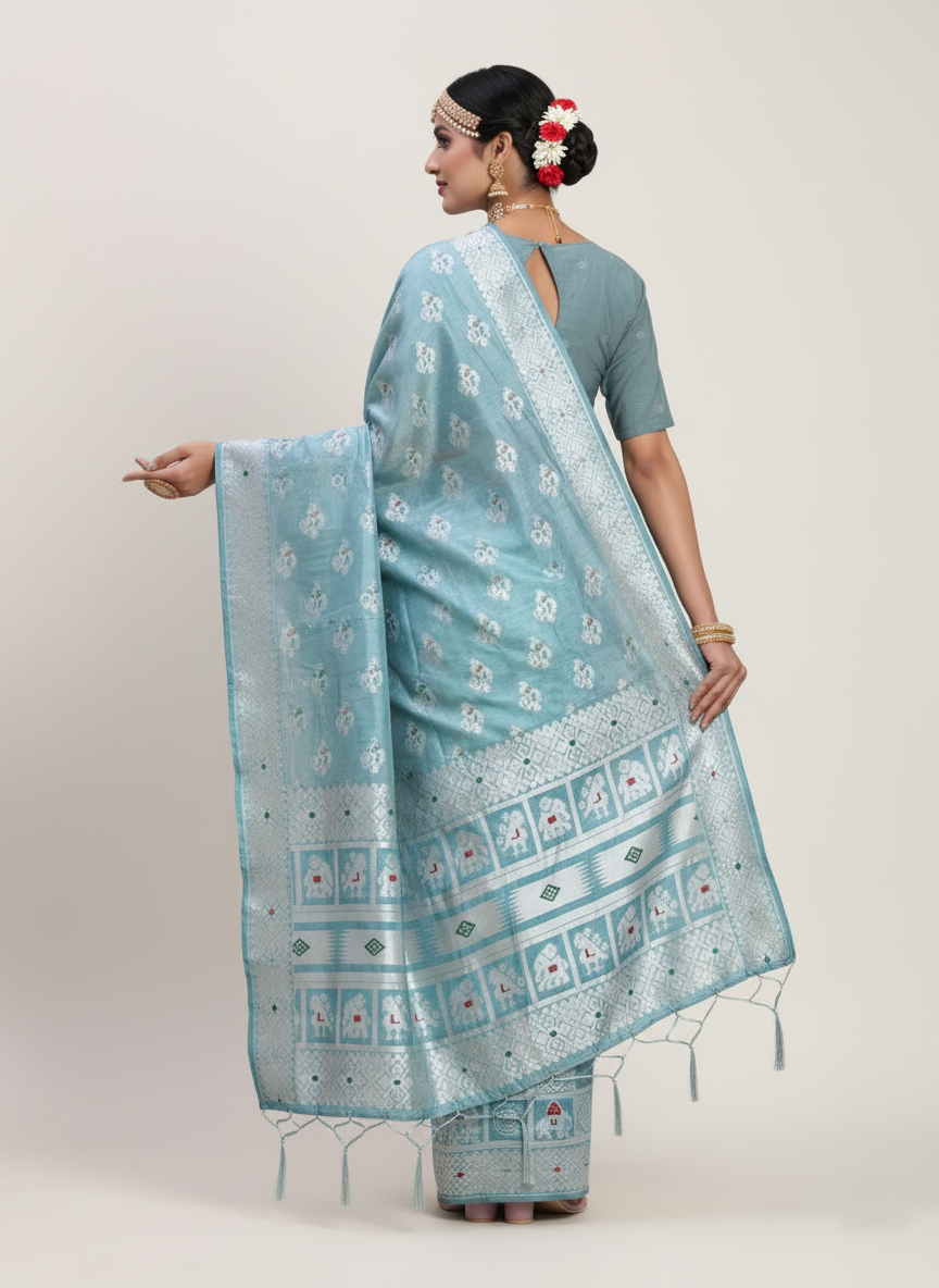 Sky Blue Linen Cotton Saree | Woven Designer Festive & Party Wear Ensemble