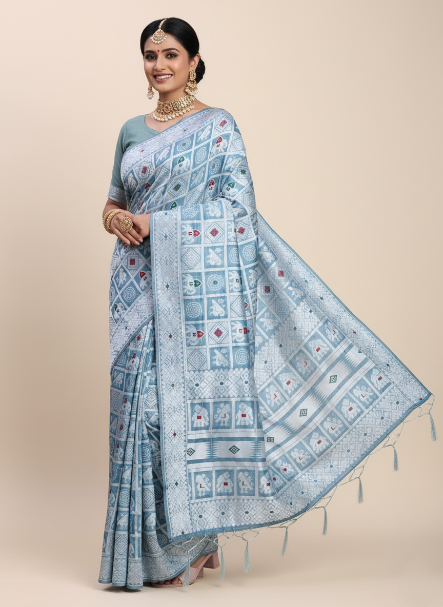 Sky Blue Linen Cotton Saree | Woven Designer Festive & Party Wear Ensemble