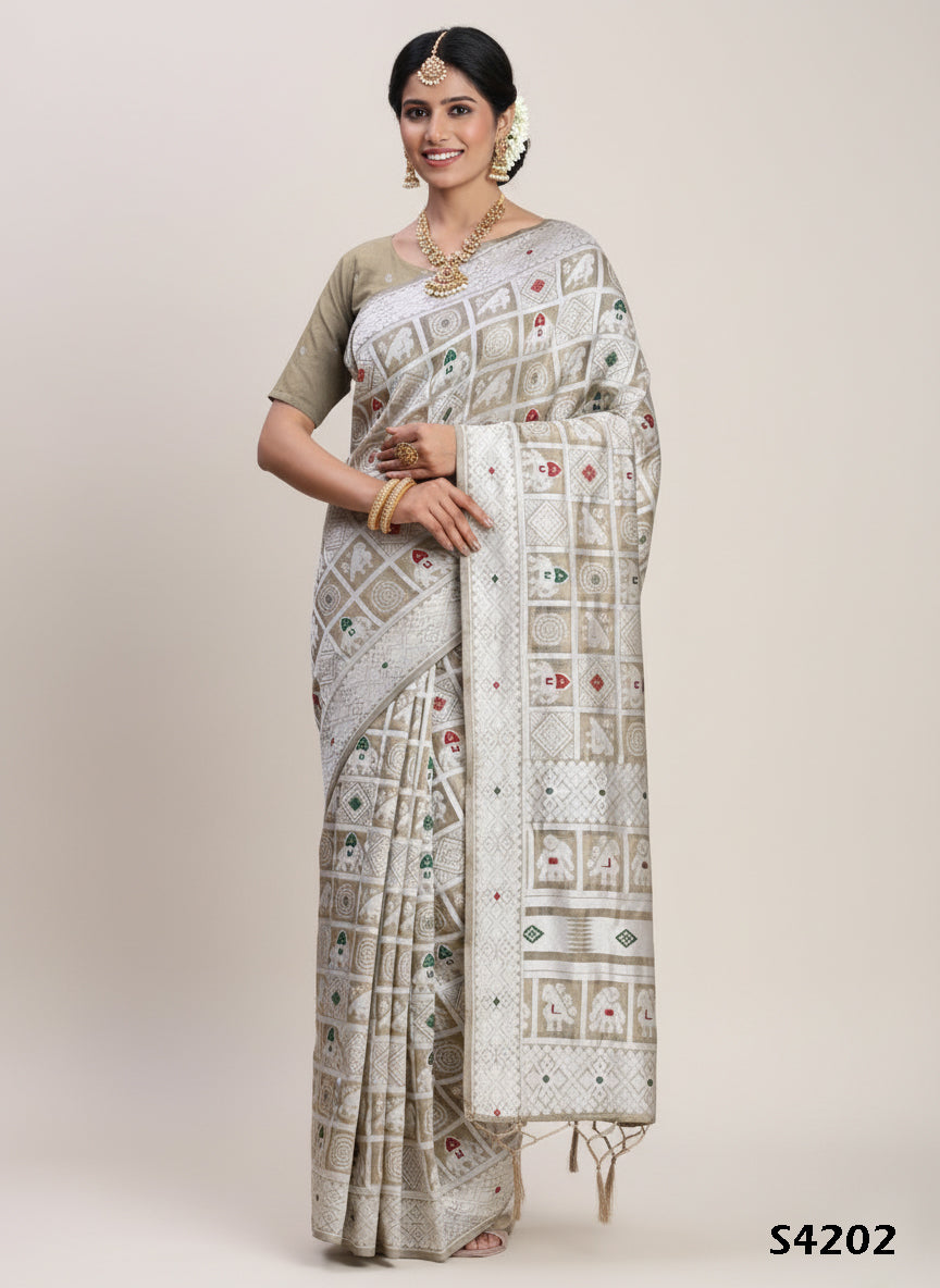 Beige Linen Cotton Saree | Woven Designer Festive & Party Wear Ensemble