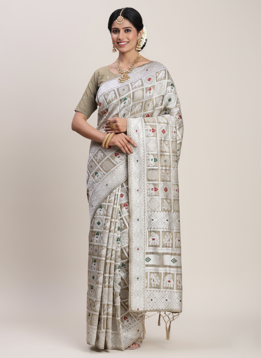 Beige Linen Cotton Saree | Woven Designer Festive & Party Wear Ensemble