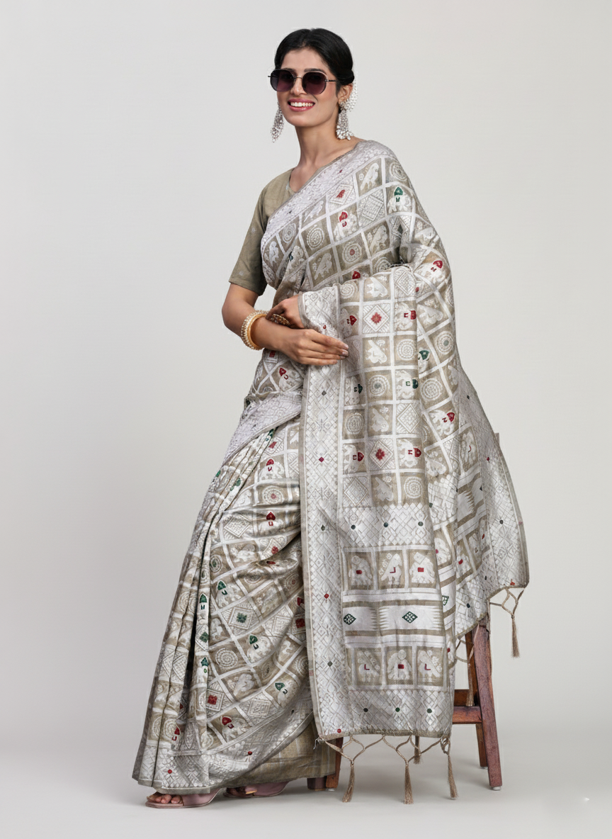 Beige Linen Cotton Saree | Woven Designer Festive & Party Wear Ensemble
