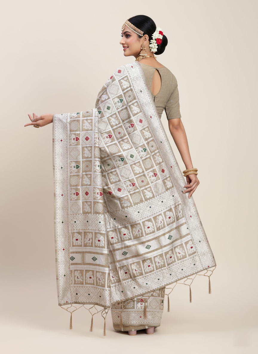 Beige Linen Cotton Saree | Woven Designer Festive & Party Wear Ensemble