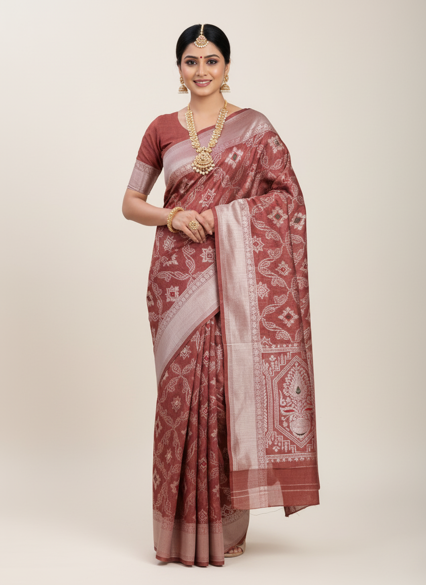 Peach Linen Cotton Saree | Woven Designer Festive & Party Wear Ensemble