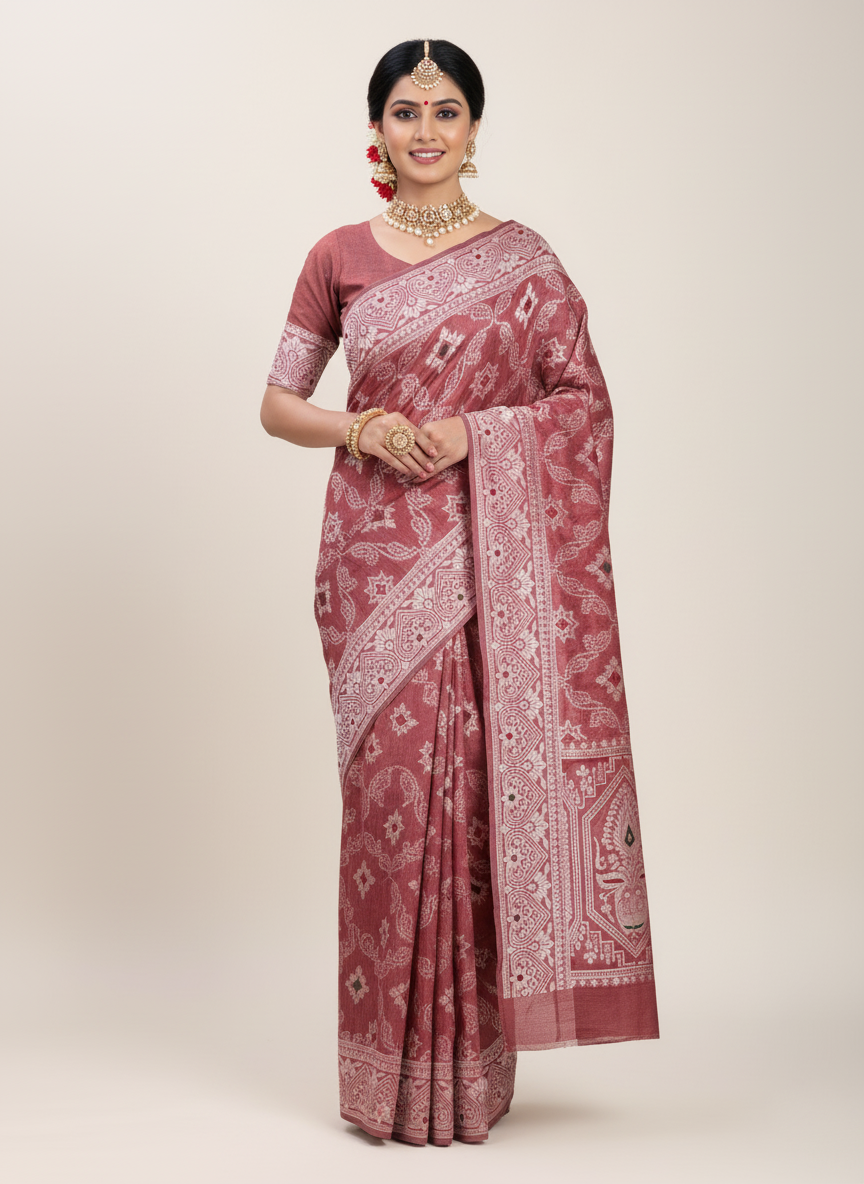 Peach Linen Cotton Saree | Woven Designer Festive & Party Wear Ensemble