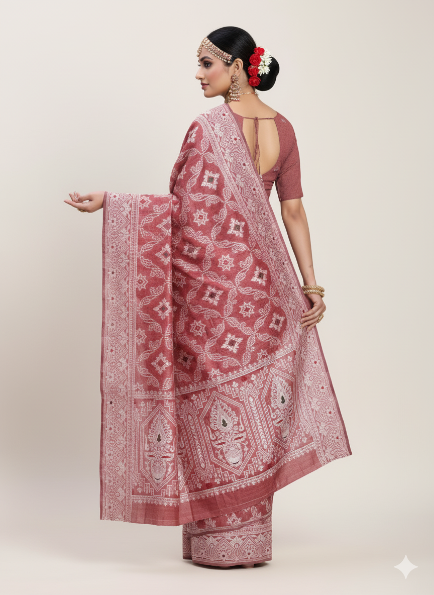 Peach Linen Cotton Saree | Woven Designer Festive & Party Wear Ensemble