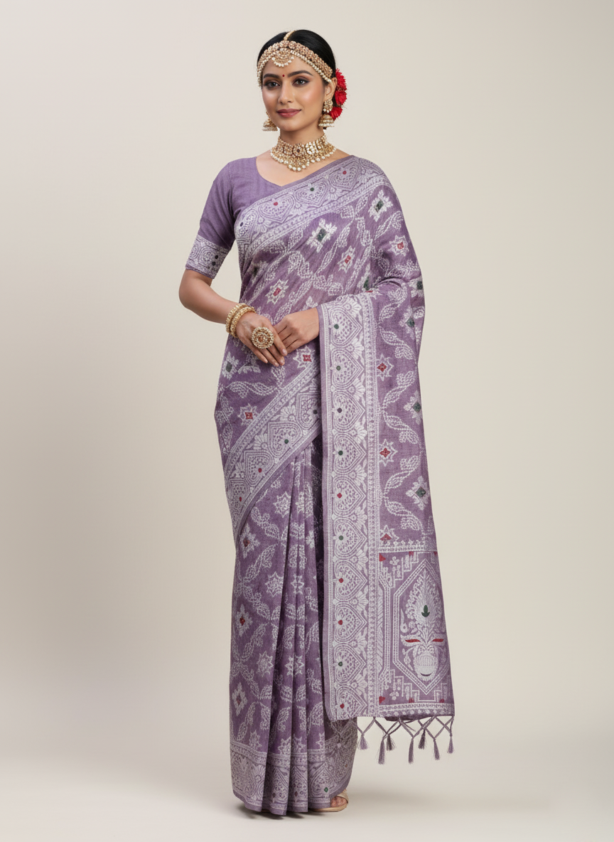 Violet Linen Cotton Saree | Woven Designer Festive & Party Wear Ensemble