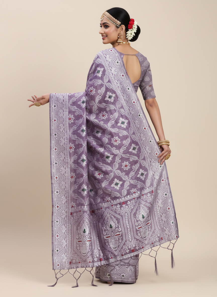 Violet Linen Cotton Saree | Woven Designer Festive & Party Wear Ensemble