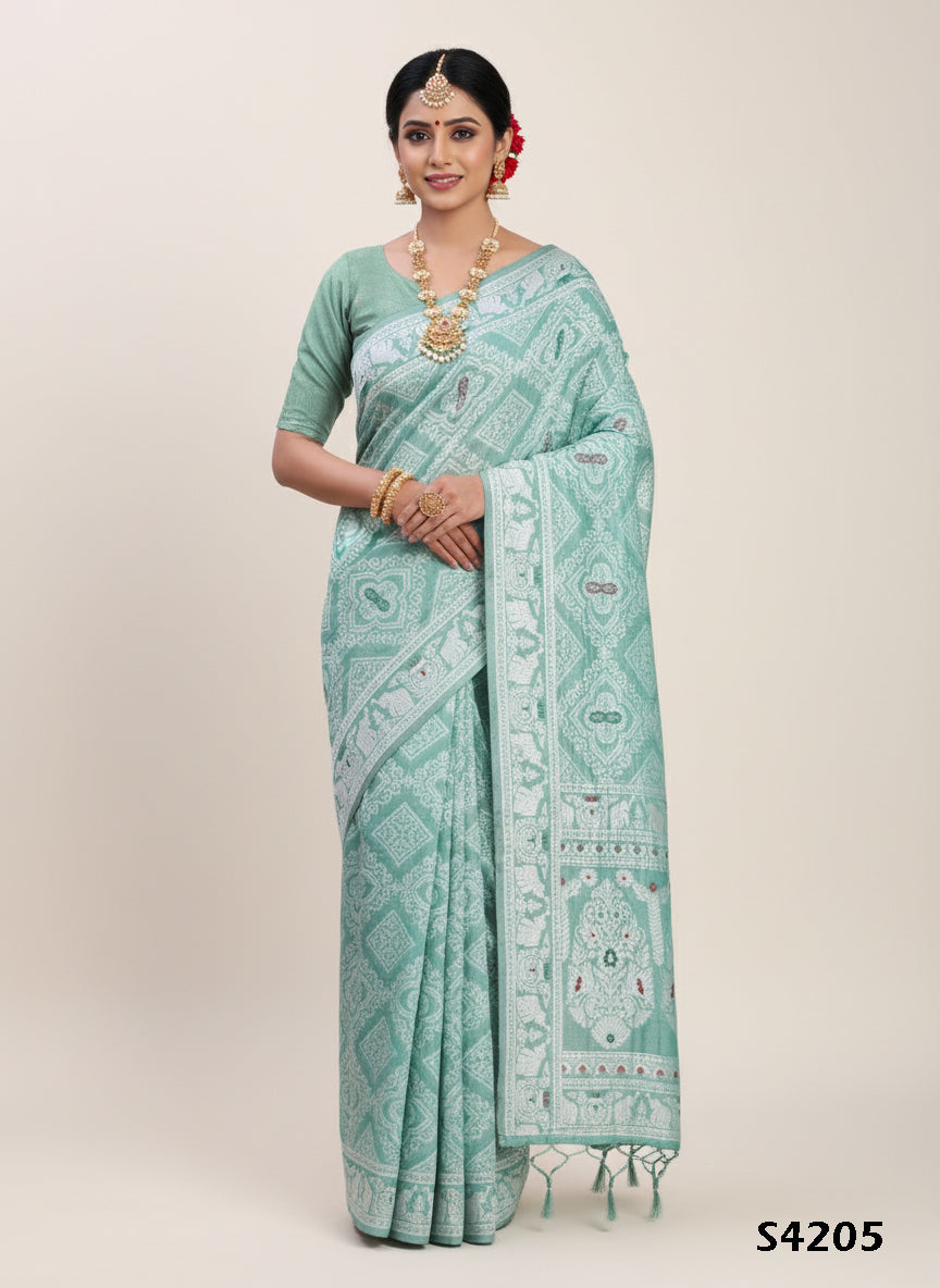 Sea Green Linen Cotton Saree | Woven Designer Festive & Party Wear Ensemble