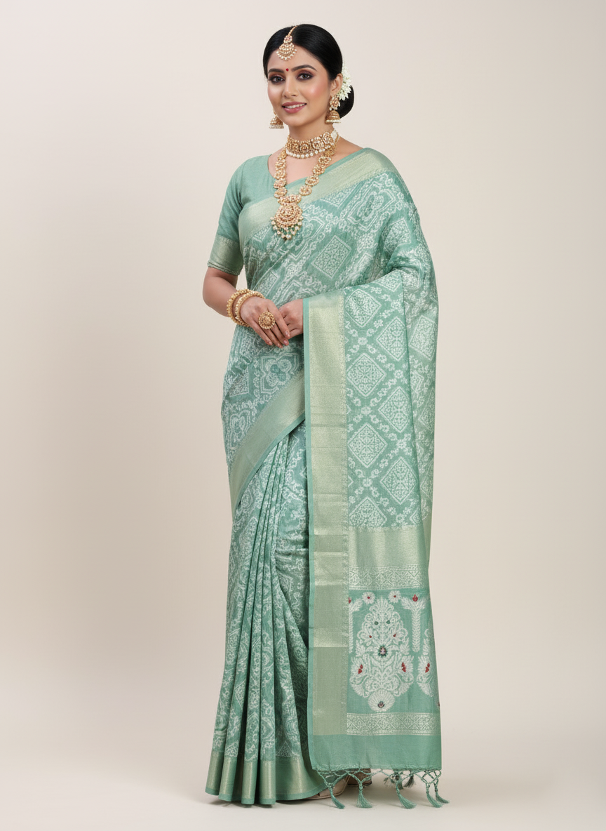 Sea Green Linen Cotton Saree | Woven Designer Festive & Party Wear Ensemble