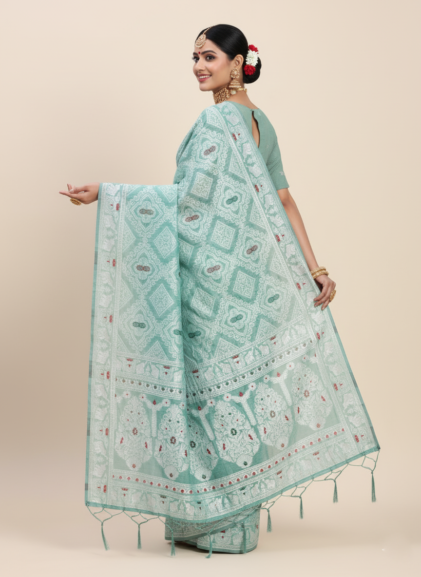 Sea Green Linen Cotton Saree | Woven Designer Festive & Party Wear Ensemble