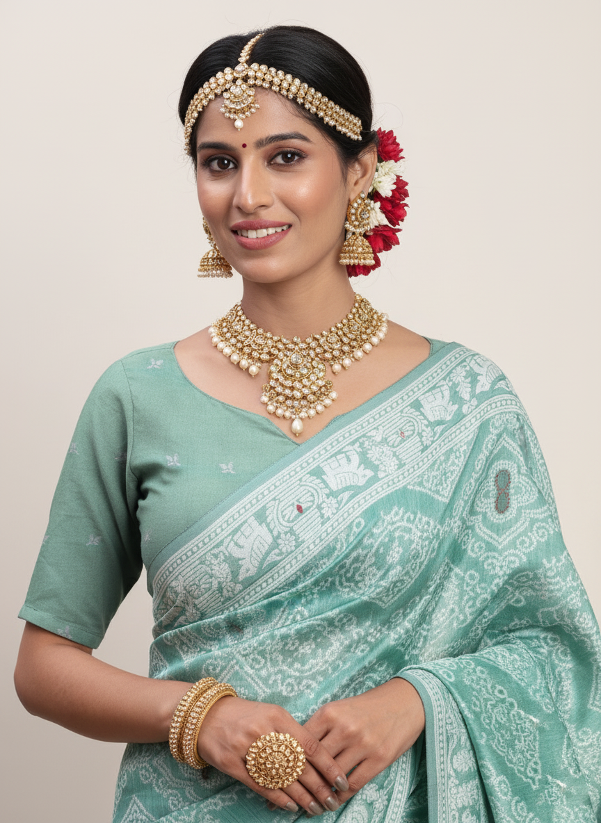 Sea Green Linen Cotton Saree | Woven Designer Festive & Party Wear Ensemble