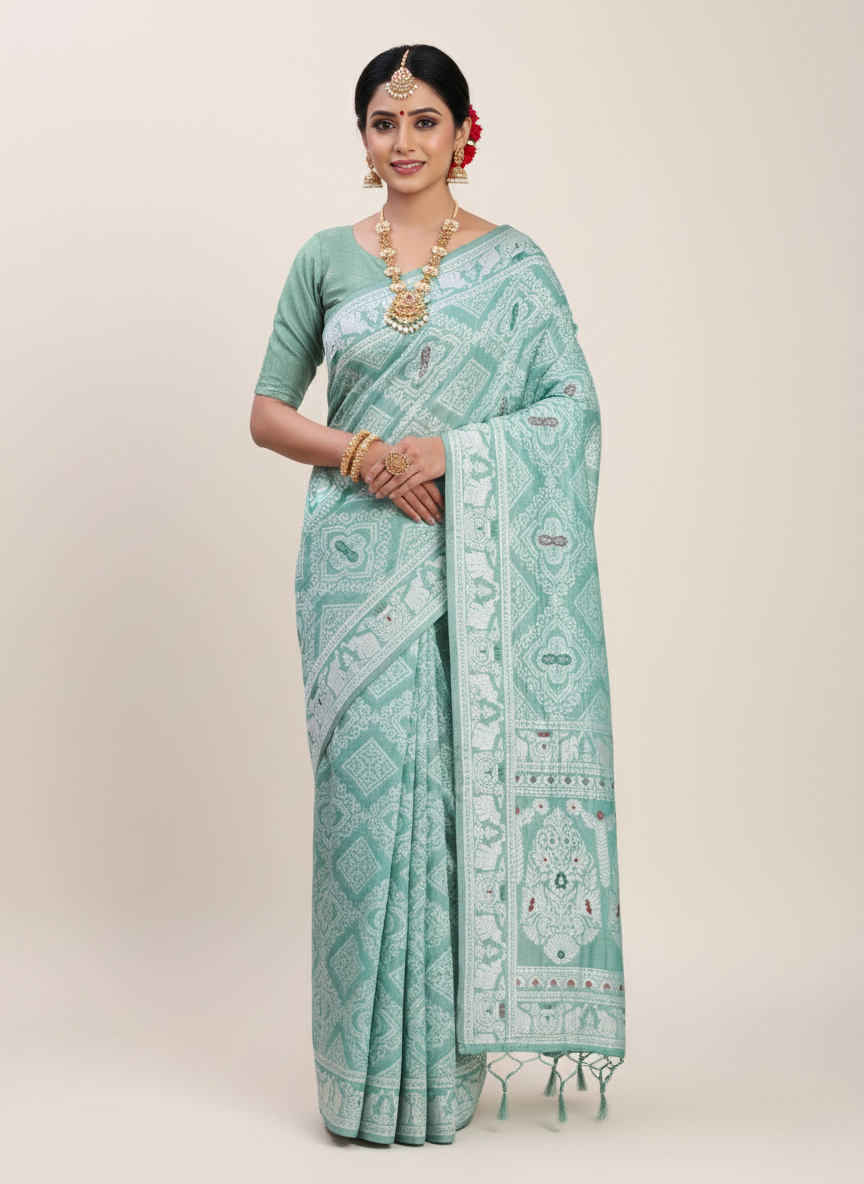 Sea Green Linen Cotton Saree | Woven Designer Festive & Party Wear Ensemble