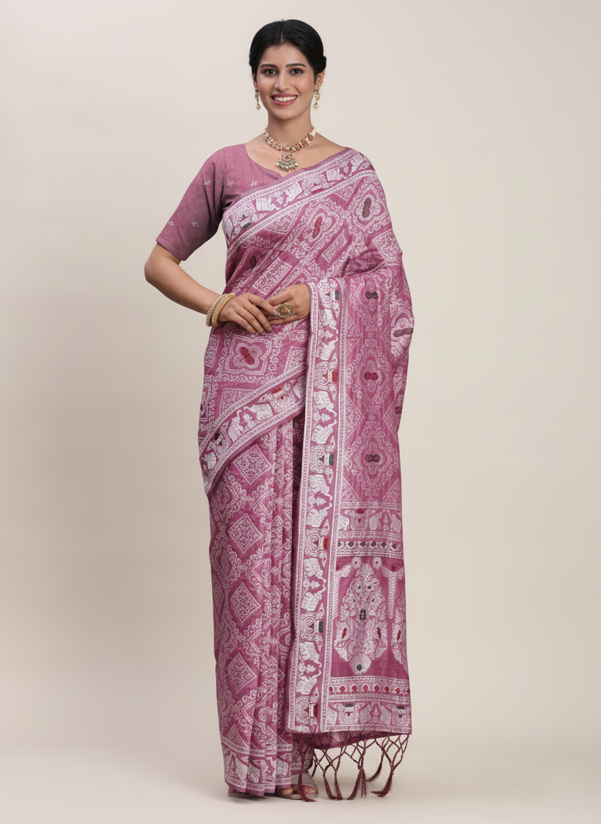 Purple Linen Cotton Saree | Woven Designer Festive & Party Wear Ensemble