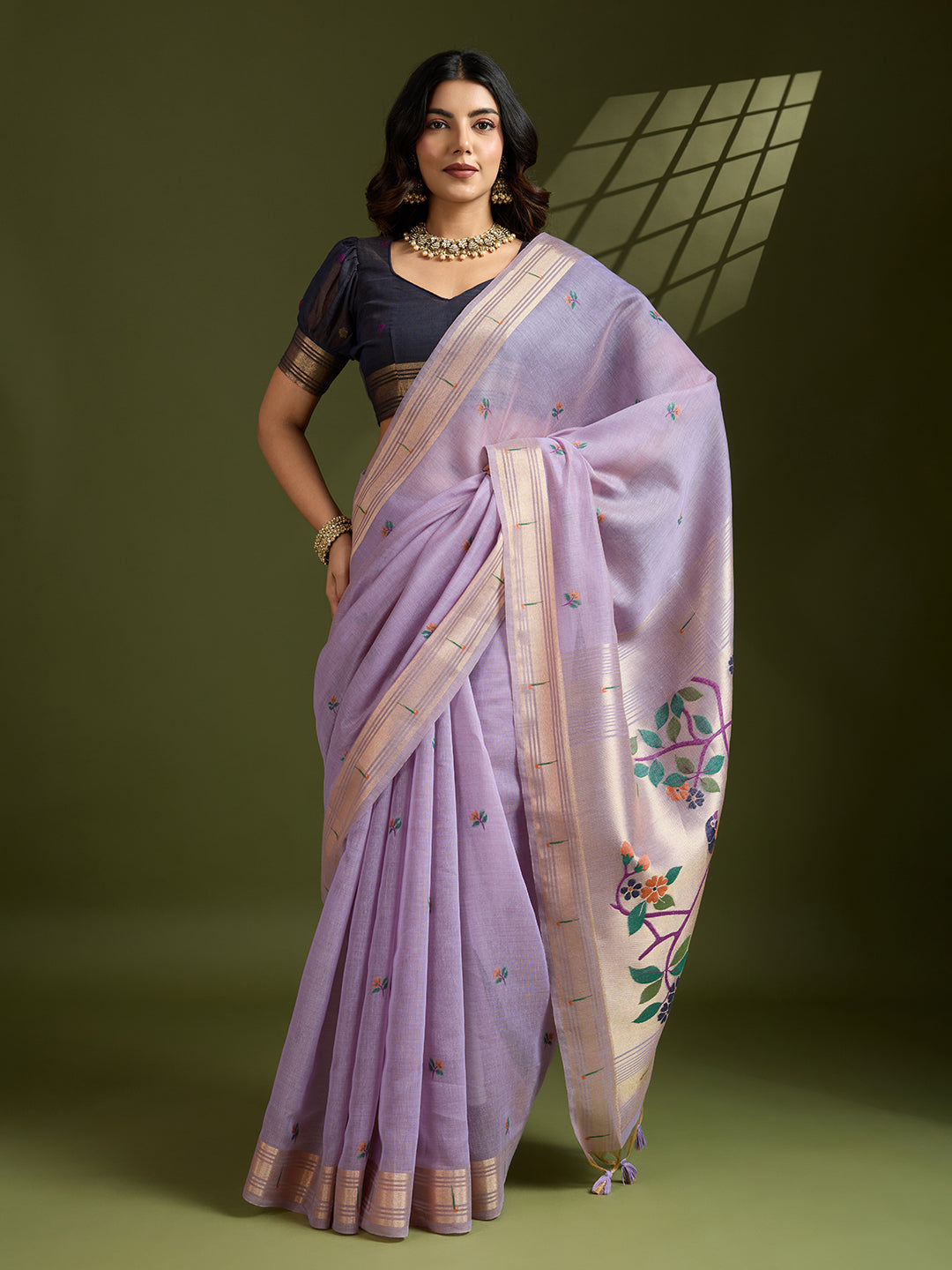 Lavender Grace Muga Cotton Paithani Saree | Traditional Weaving Festive Wear