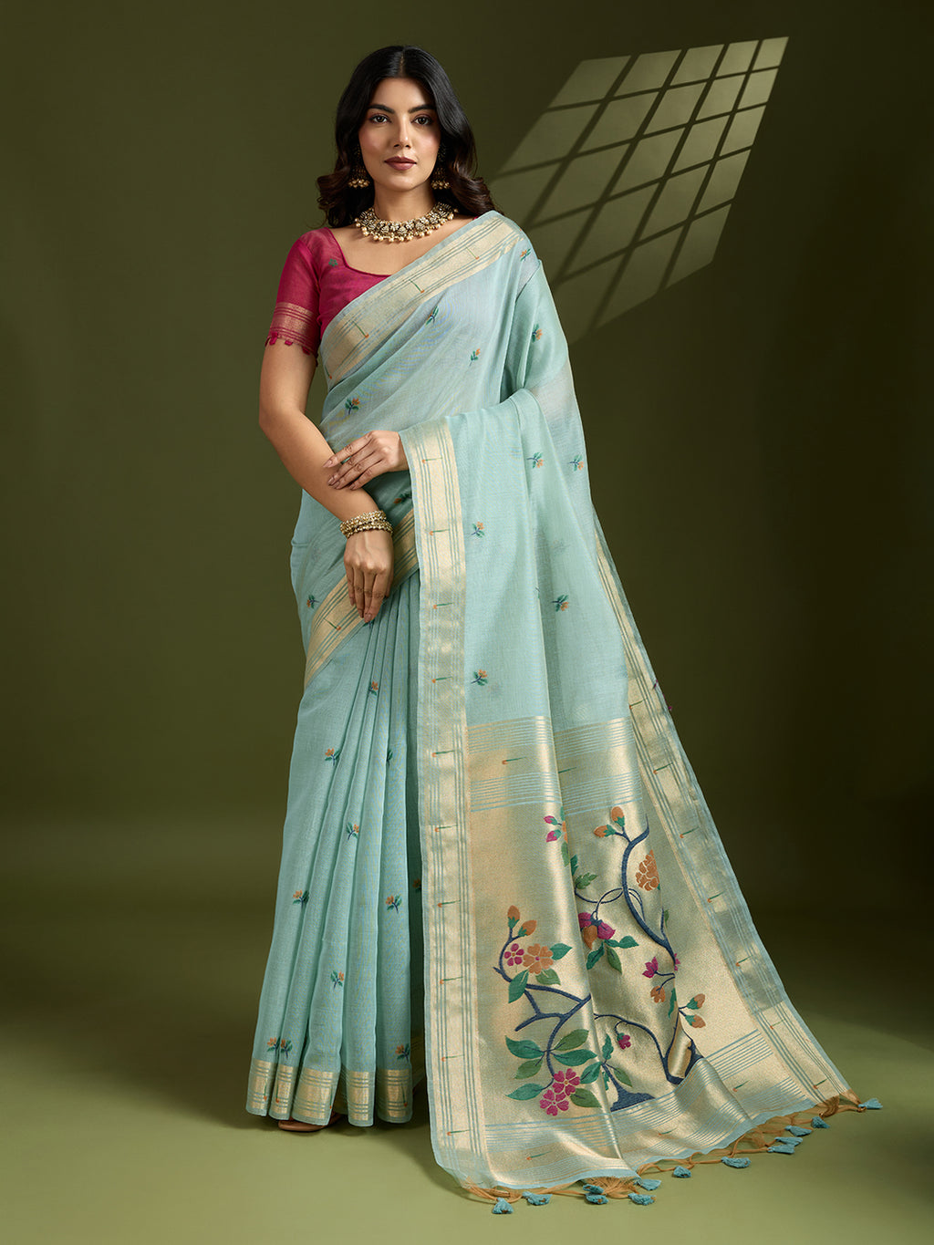 Sky Blue Serenity Muga Cotton Paithani Saree | Exquisite Weaving Festive Ensemble