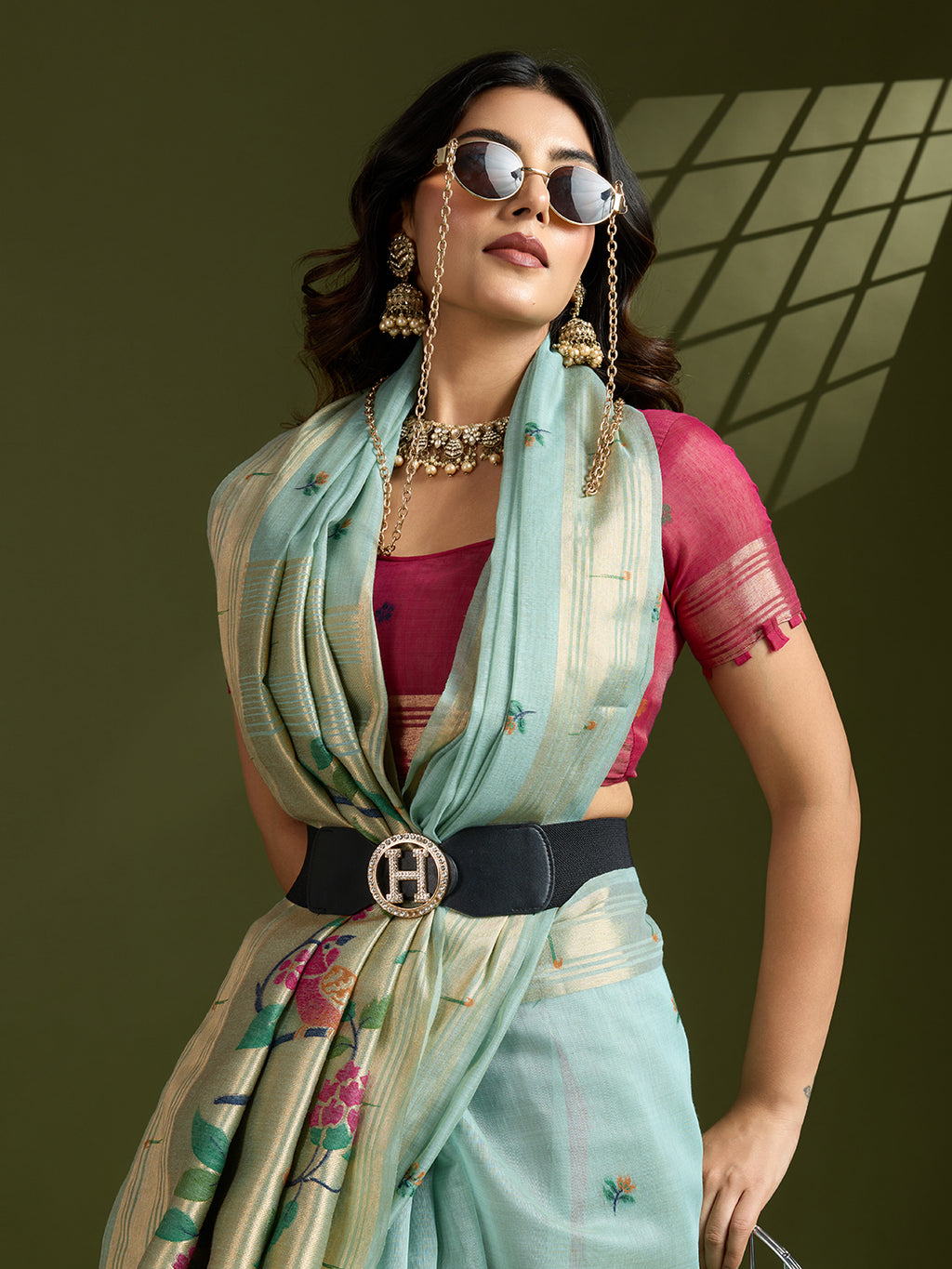 Sky Blue Serenity Muga Cotton Paithani Saree | Exquisite Weaving Festive Ensemble