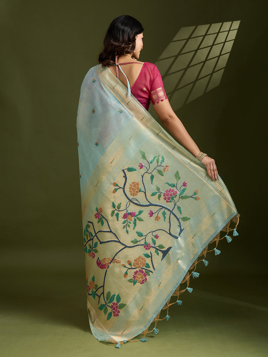 Sky Blue Serenity Muga Cotton Paithani Saree | Exquisite Weaving Festive Ensemble
