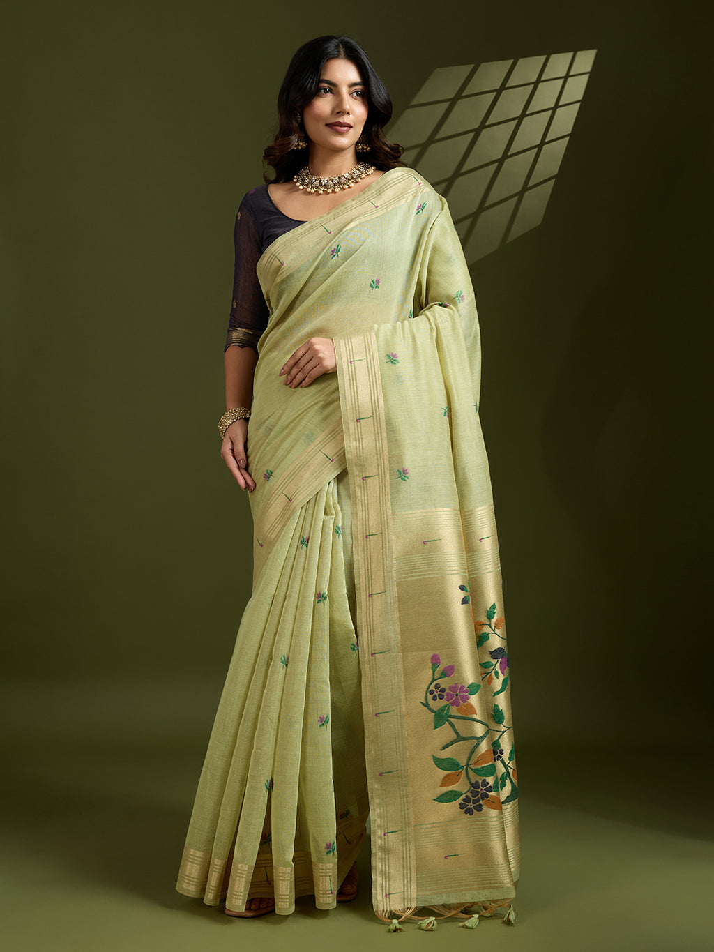 Verdant Charm Muga Cotton Paithani Saree | Earth-Toned Traditional Weaving Masterpiece