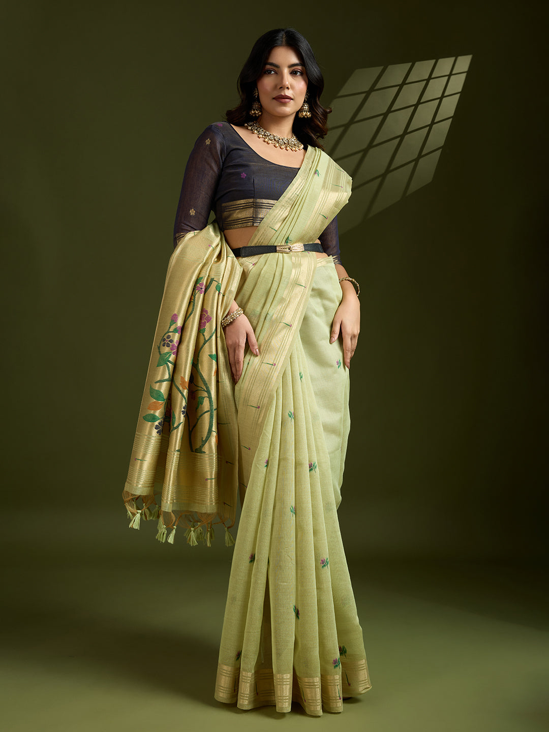 Verdant Charm Muga Cotton Paithani Saree | Earth-Toned Traditional Weaving Masterpiece