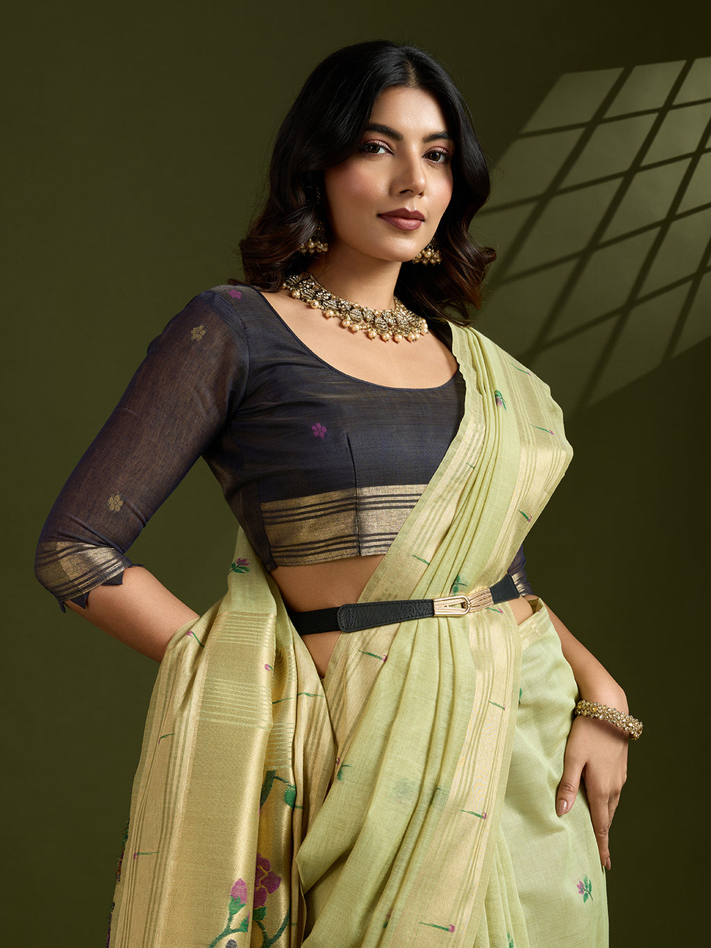 Verdant Charm Muga Cotton Paithani Saree | Earth-Toned Traditional Weaving Masterpiece