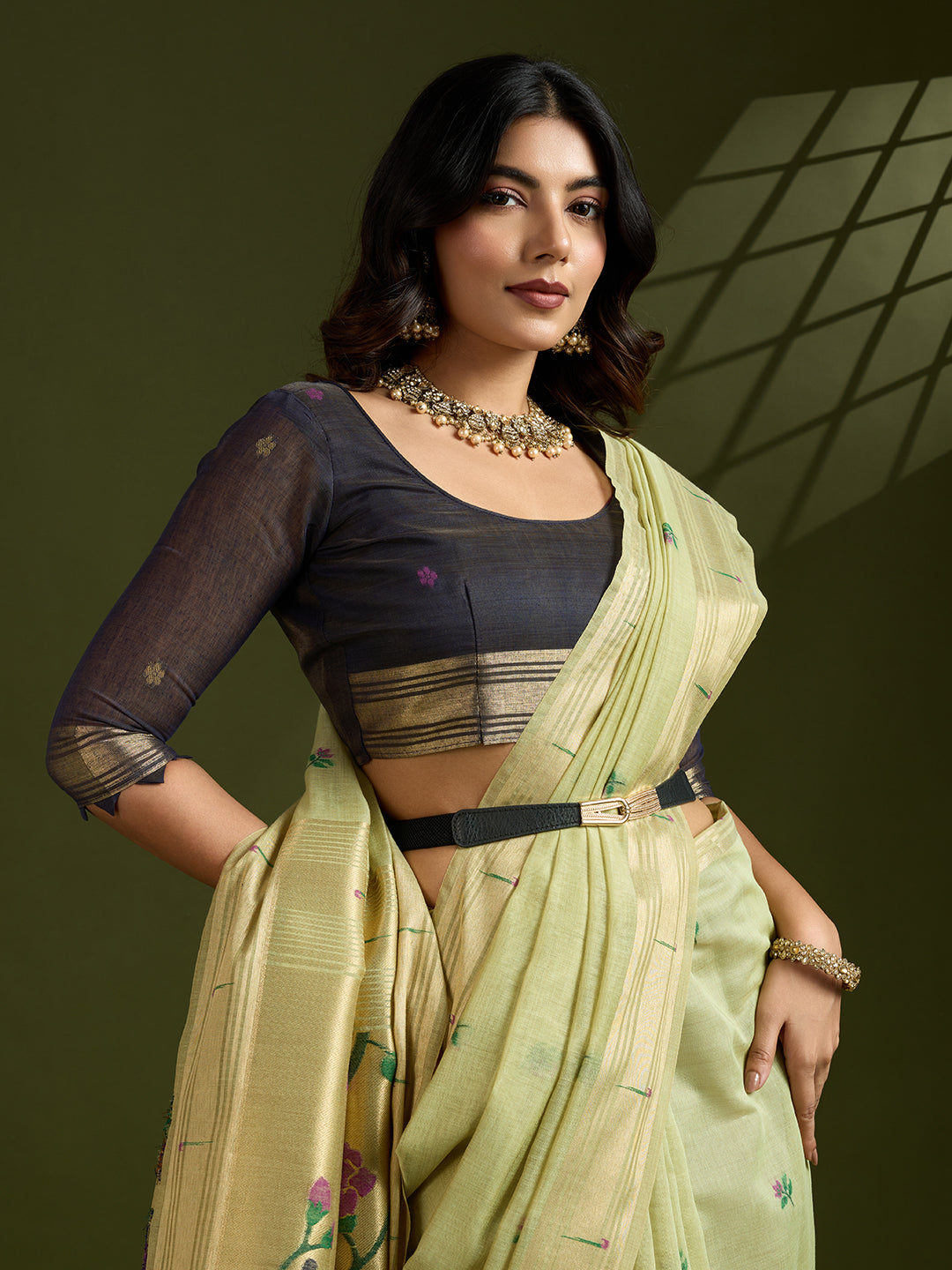 Verdant Charm Muga Cotton Paithani Saree | Earth-Toned Traditional Weaving Masterpiece