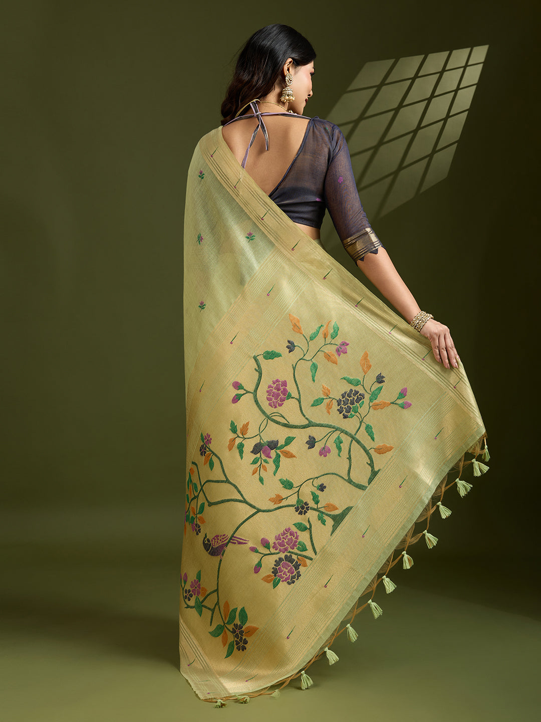 Verdant Charm Muga Cotton Paithani Saree | Earth-Toned Traditional Weaving Masterpiece
