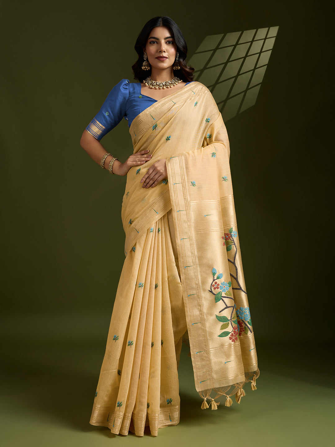 Golden Mustard Muga Cotton Paithani Saree | Vibrant Blue Contrast Traditional Wear